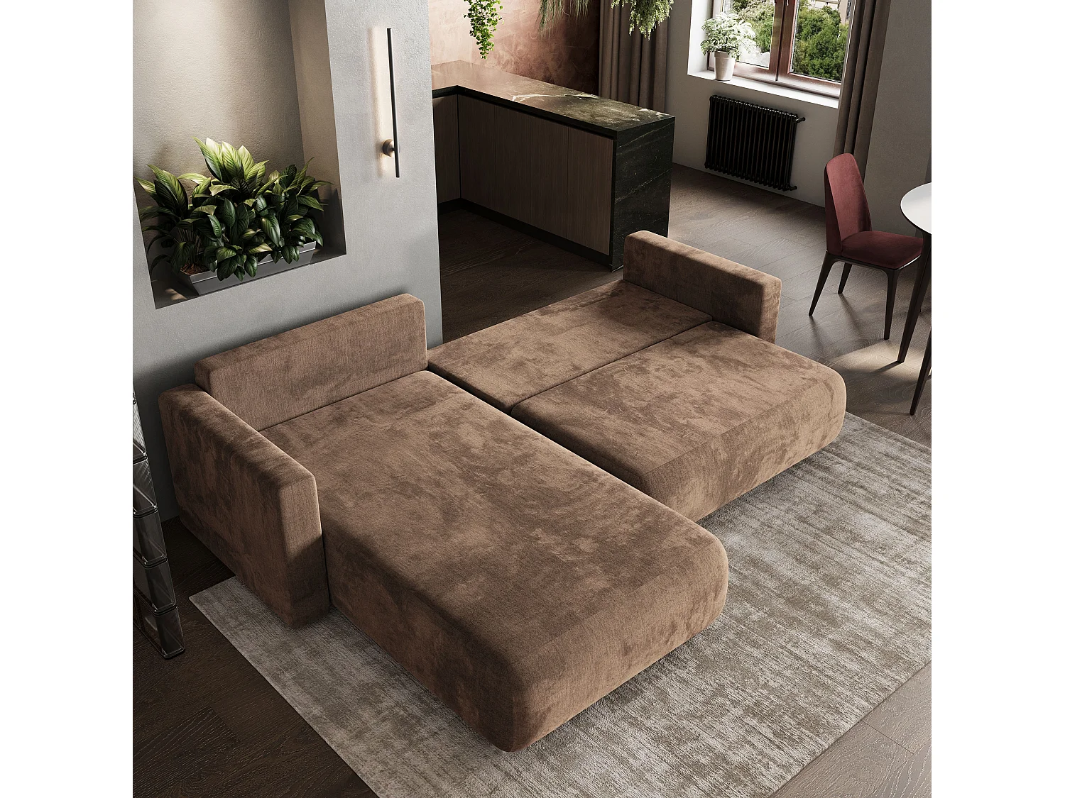 Hoekbank TURIN van fluweel met slaapfunctie Beige