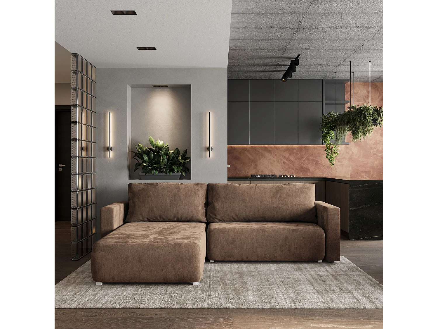 Hoekbank TURIN van fluweel met slaapfunctie Beige