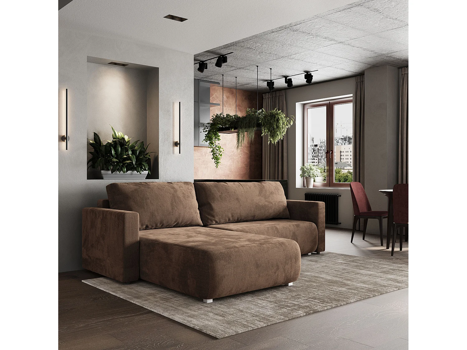 Hoekbank TURIN van fluweel met slaapfunctie Beige