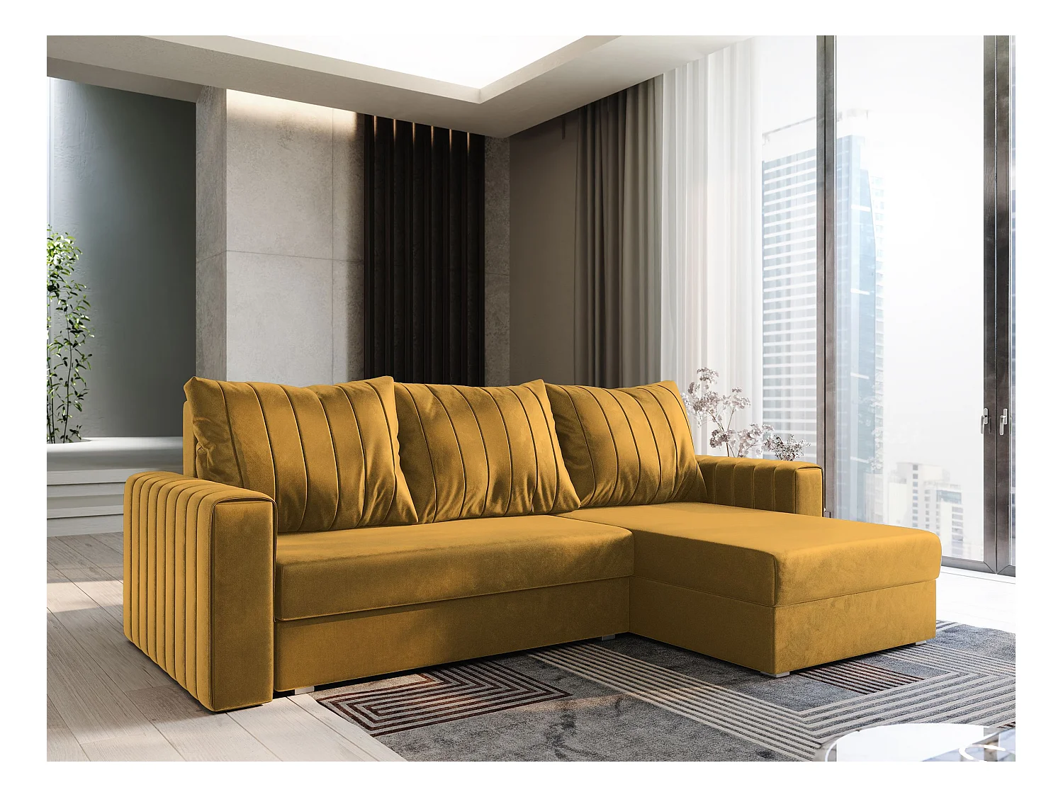 ECKSOFA CARL Orange Plüsch-Stoff mit Schlaffunktion