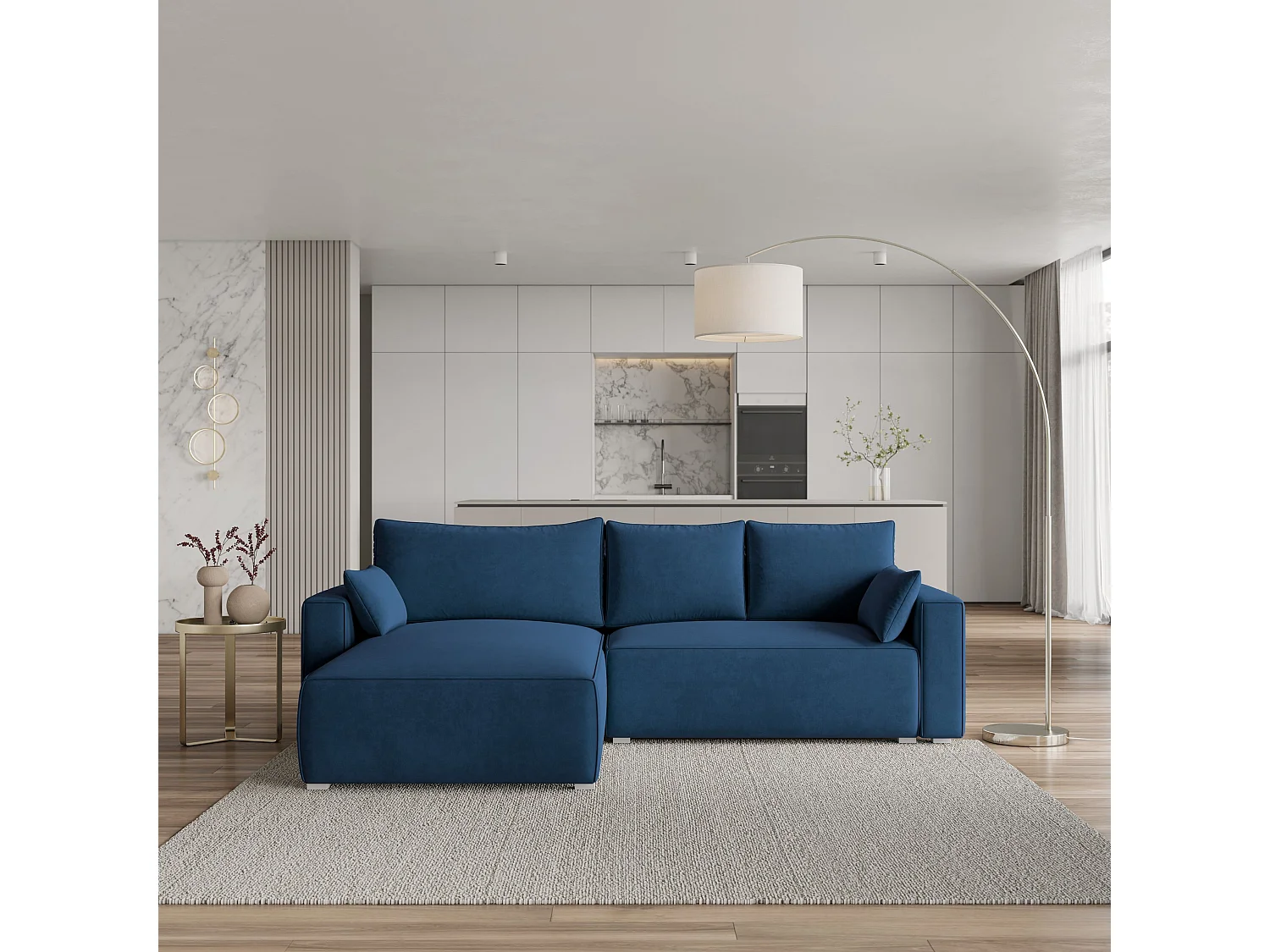 Canapé d'angle FORIL Bleu en velours avec fonction de couchage