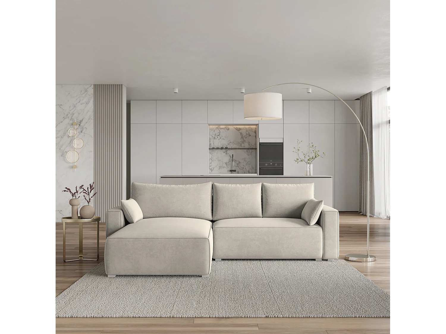 Canapé d'angle FORIL Crème en velours avec fonction de couchage