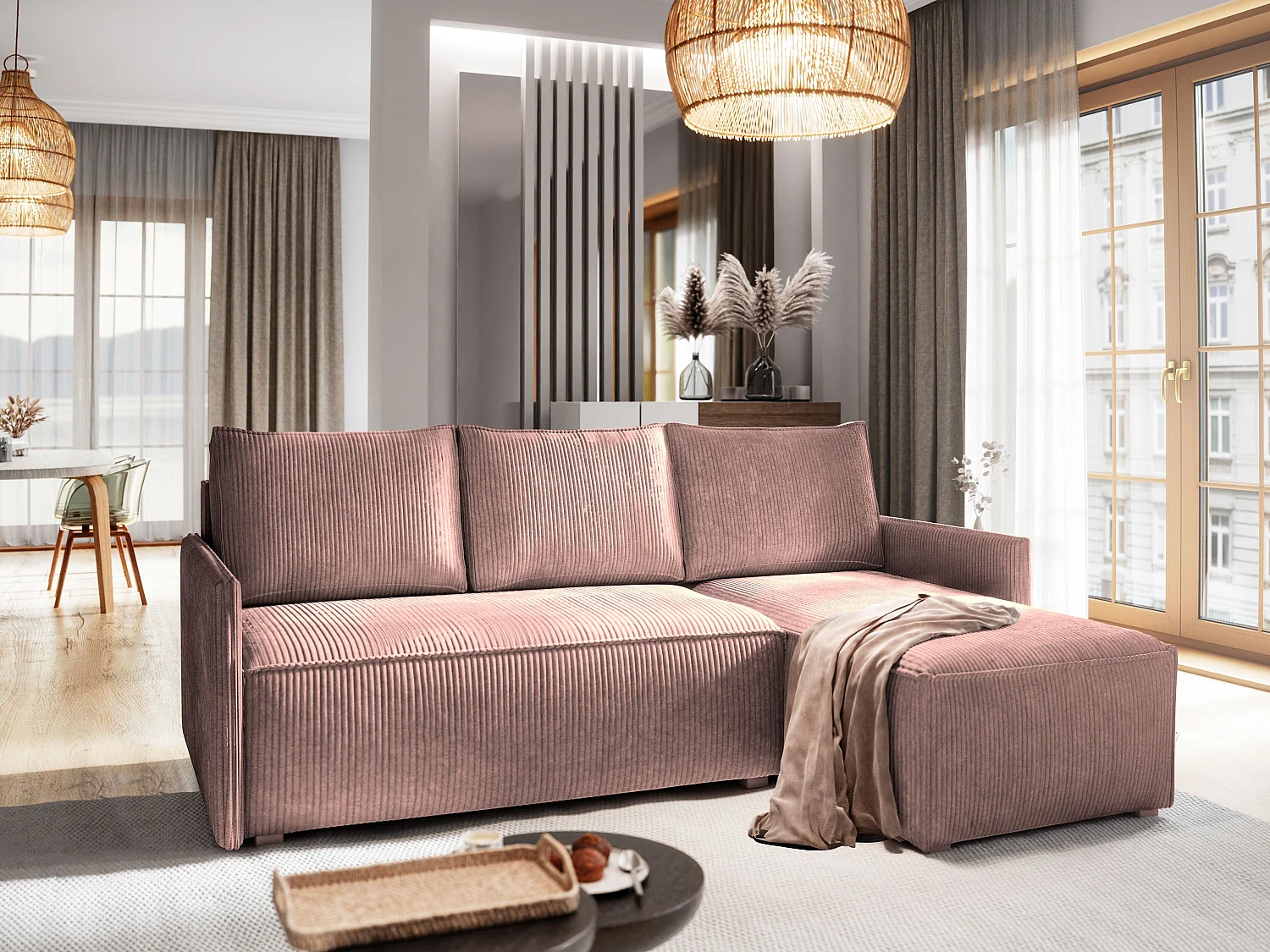 Canapé d'angle PERUSI Parme en velours côtelé avec fonction de couchage