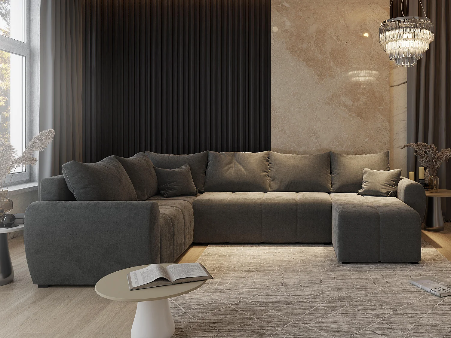 Canapé d'angle MADISON Gris clair en tissu texturé avec fonction de couchage