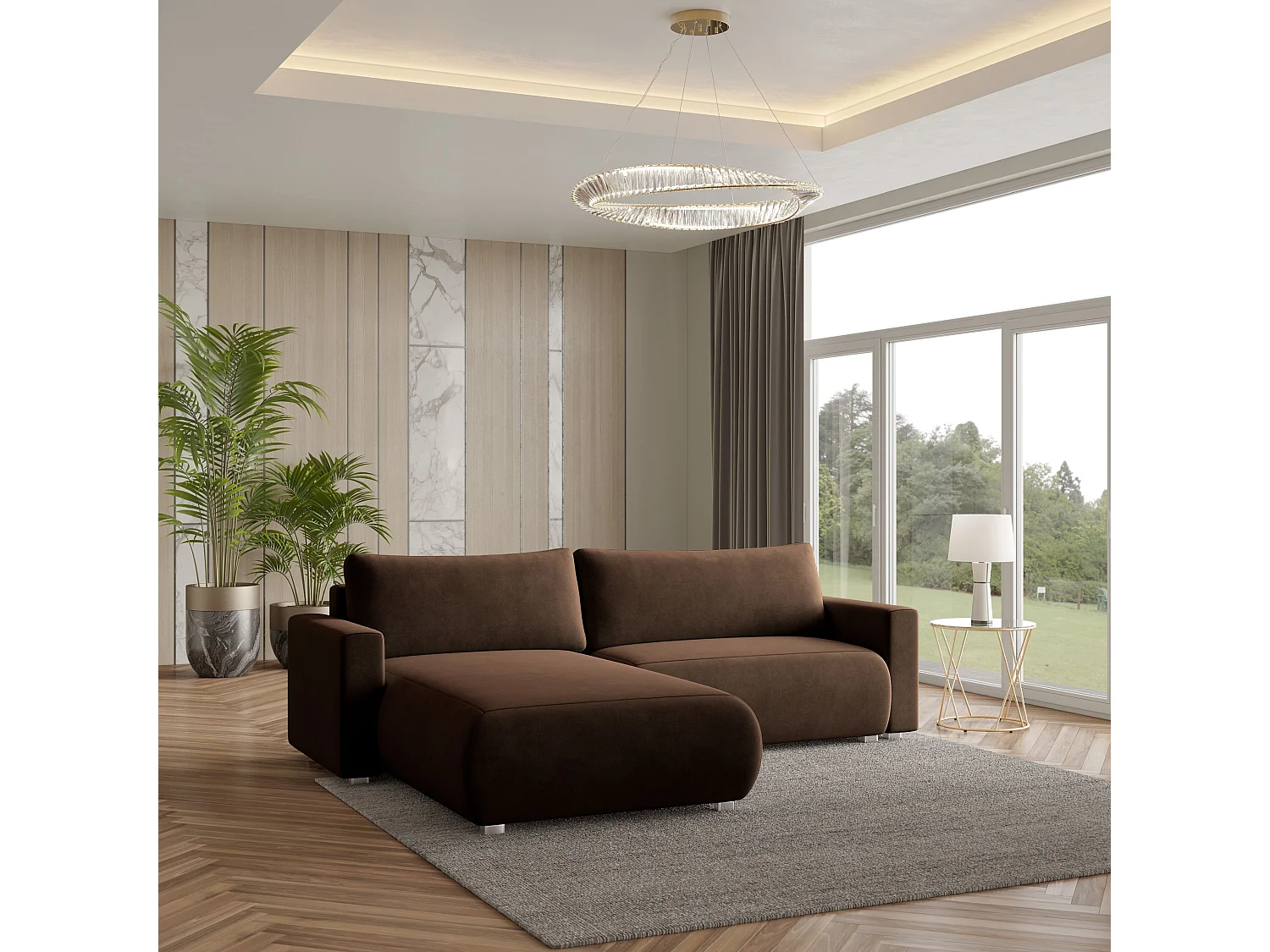 Canapé d'angle TURIN Marron en velours avec fonction de couchage