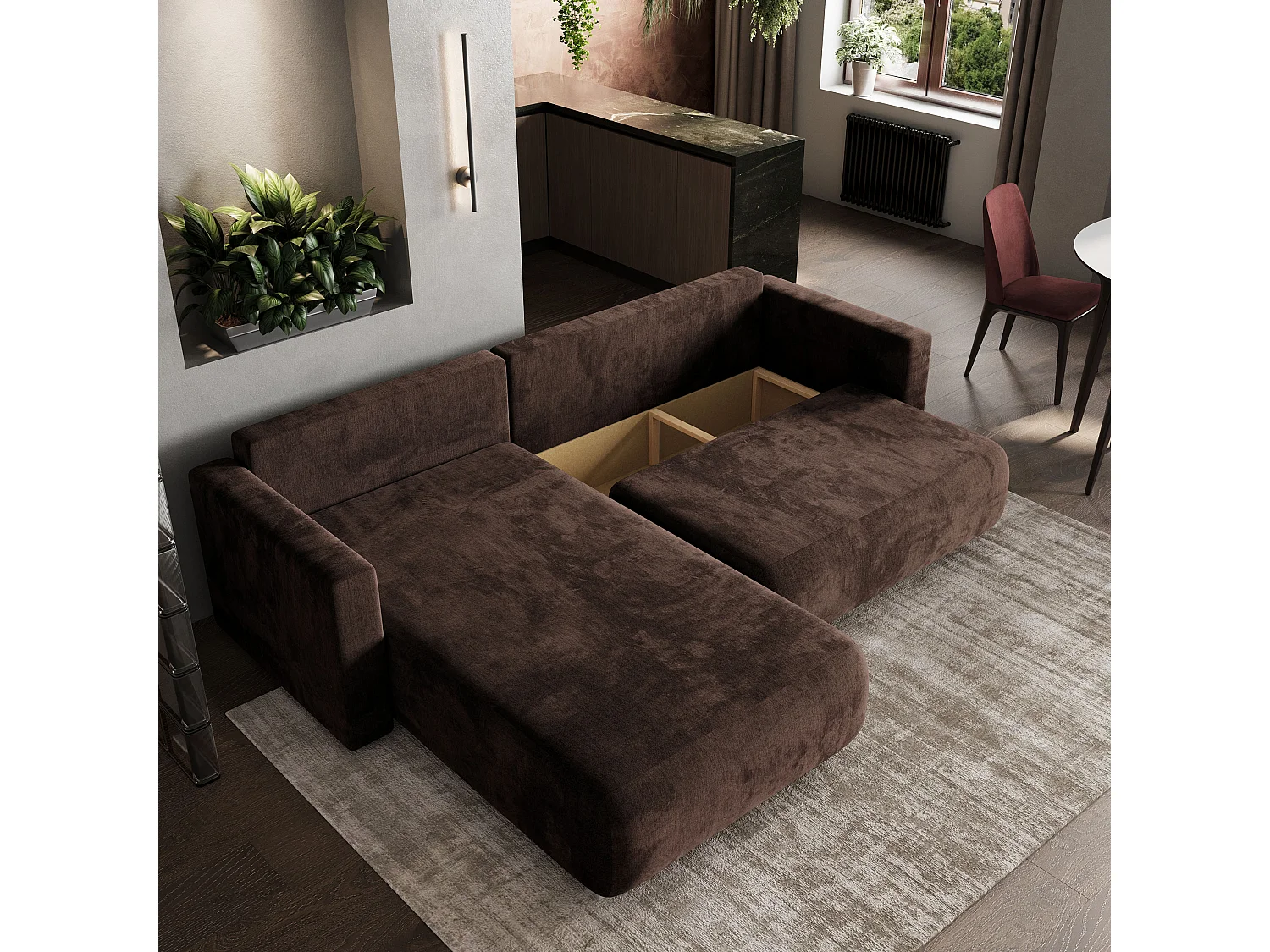 Hoekbank TURIN van fluweel met slaapfunctie Braun