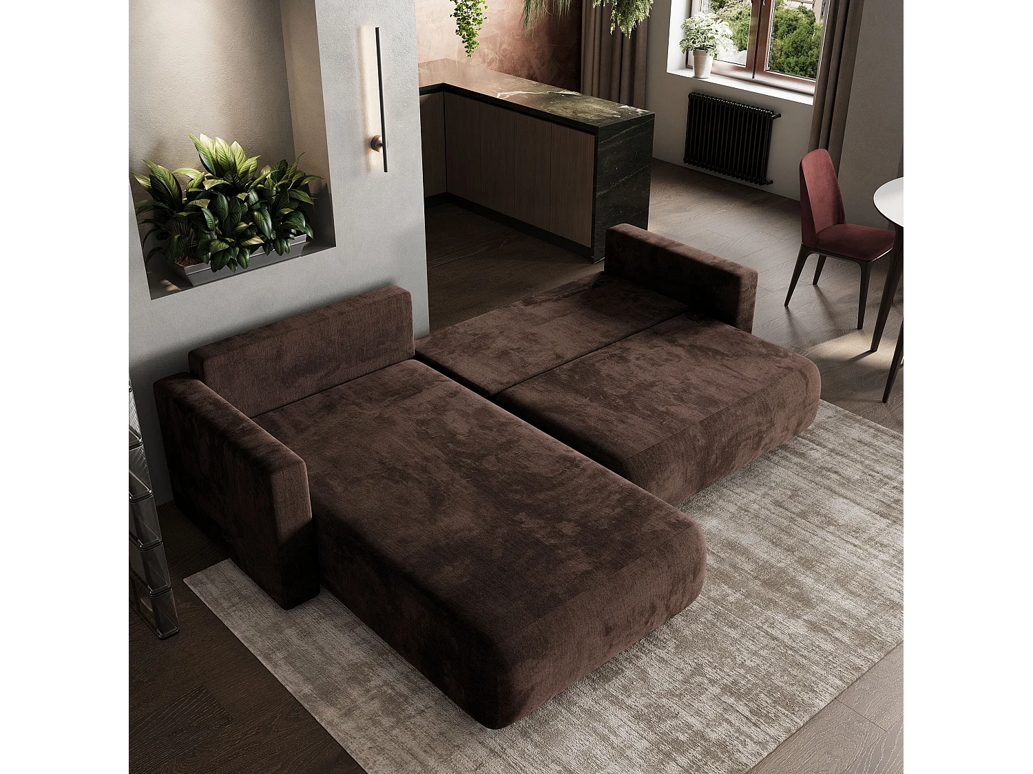 Hoekbank TURIN van fluweel met slaapfunctie Braun