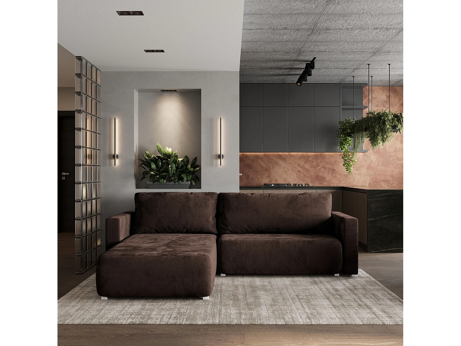 Hoekbank TURIN van fluweel met slaapfunctie Braun