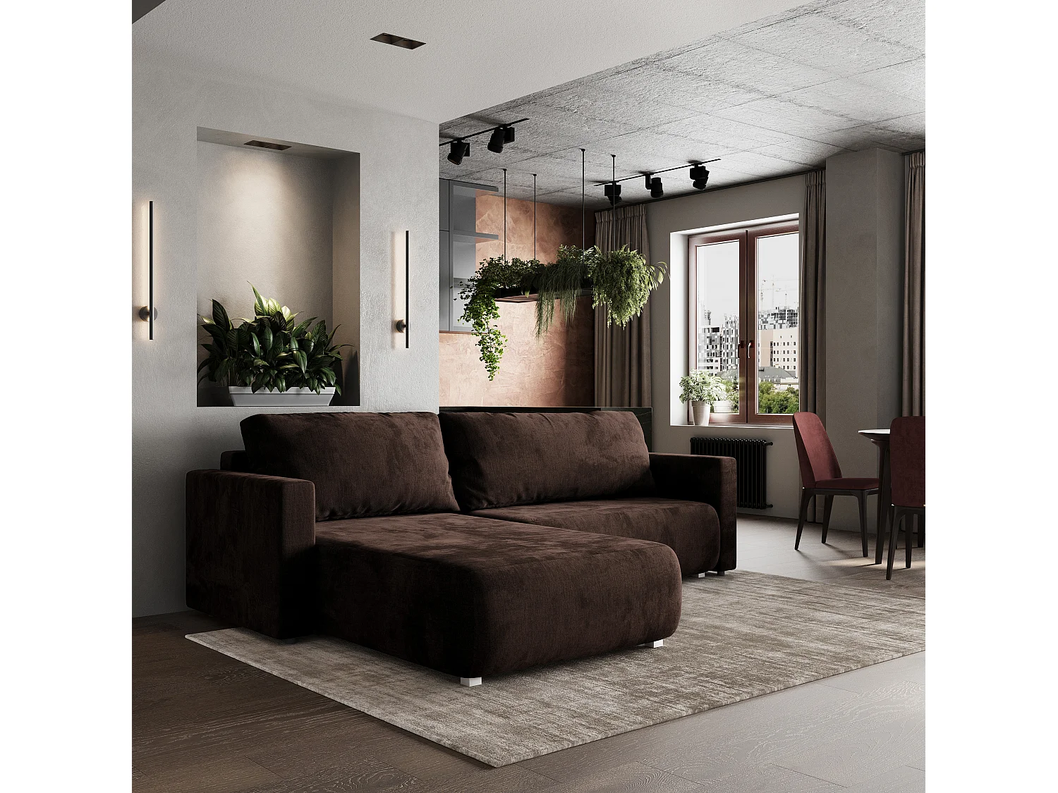 Hoekbank TURIN van fluweel met slaapfunctie Braun