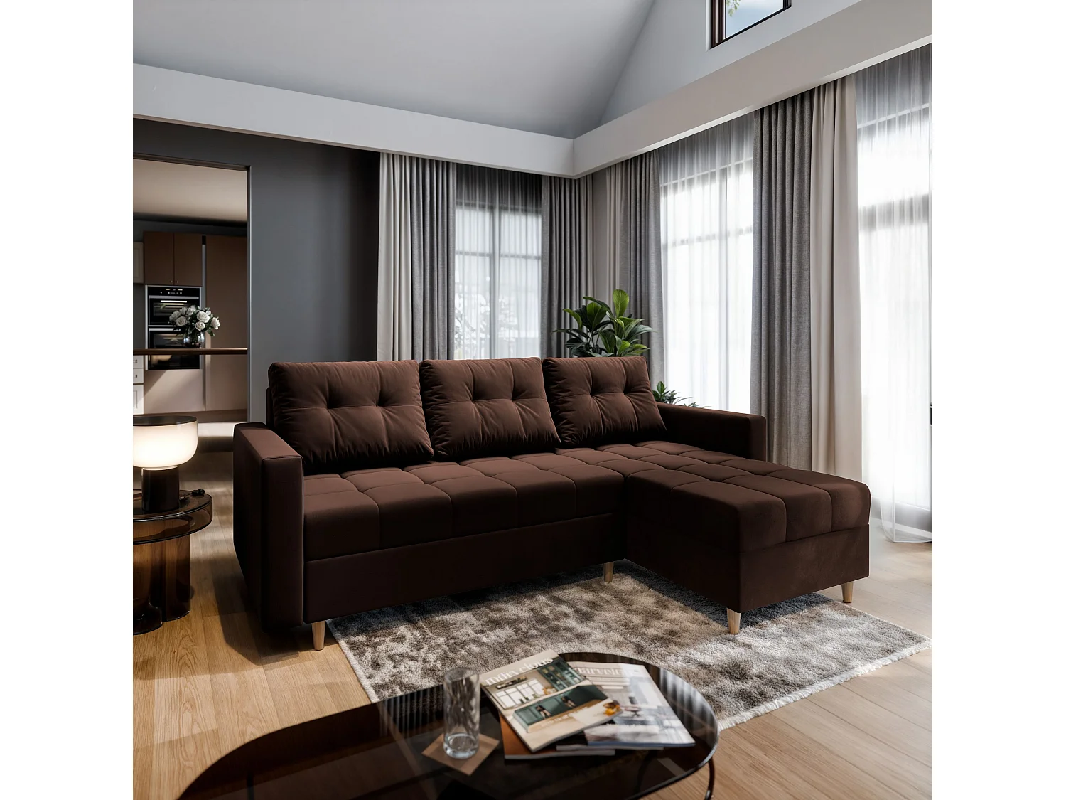 Canapé d'angle MILO Marron en peluche avec fonction de couchage