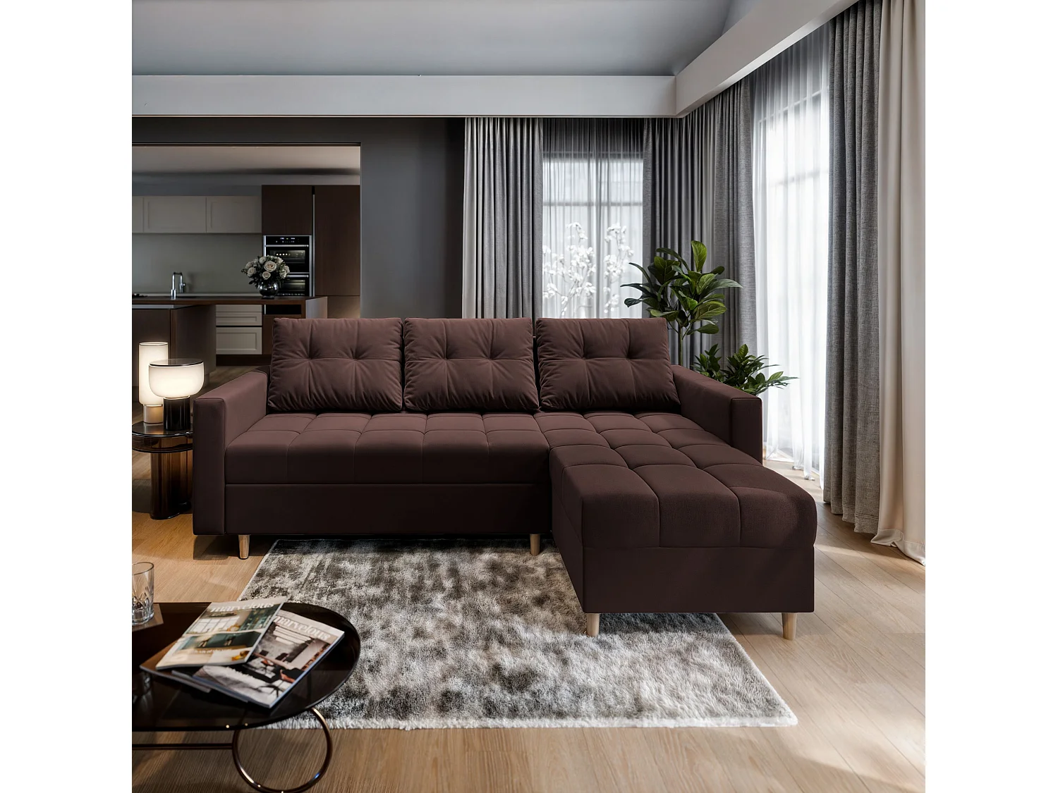 Canapé d'angle MILO Marron en peluche avec fonction de couchage