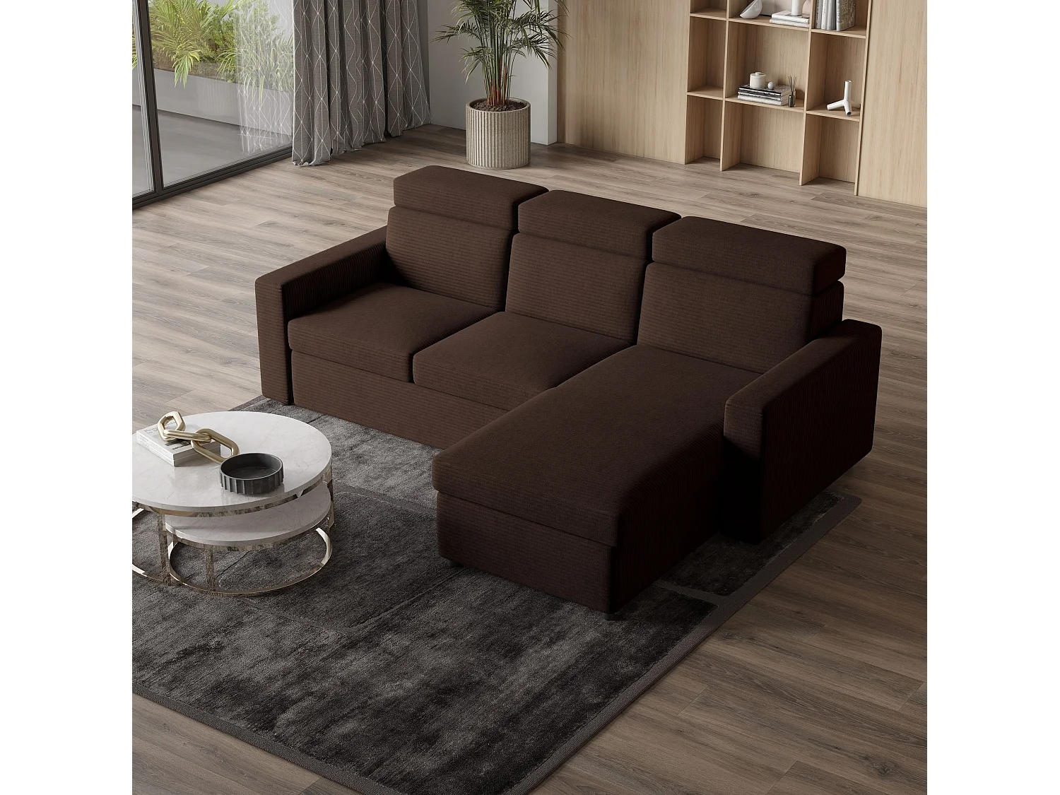 Canapé d'angle PADWA Marron en velours côtelé avec fonction de couchage