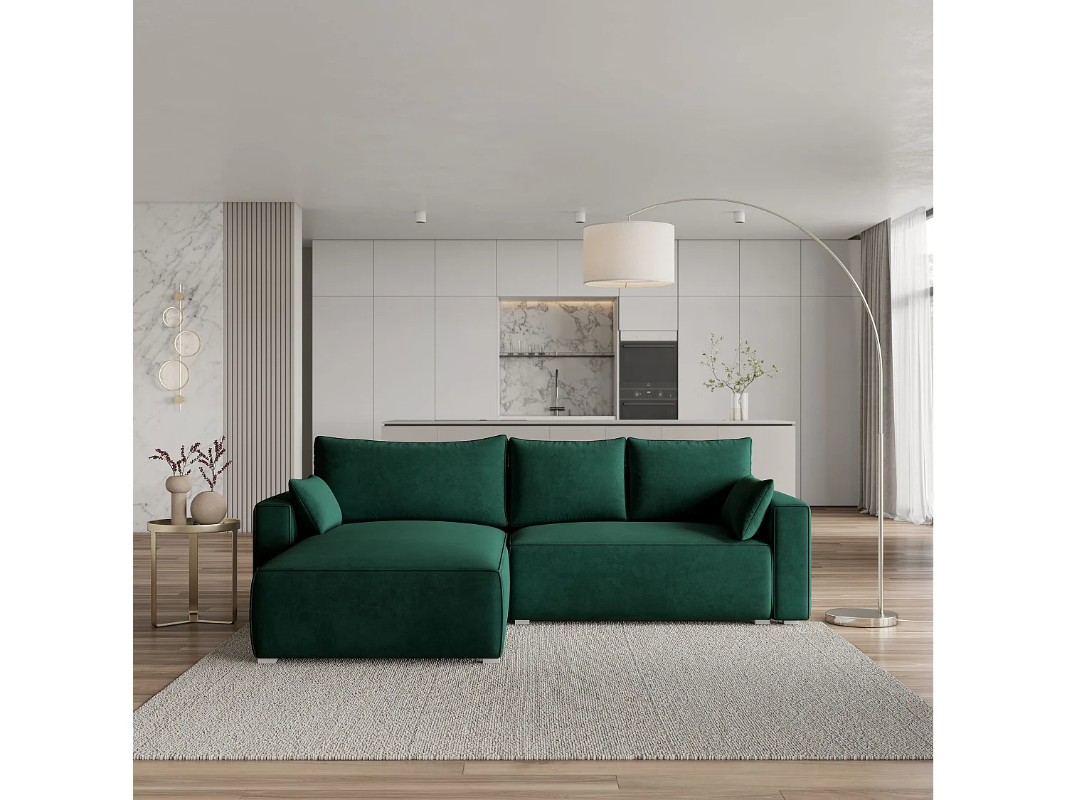 Canapé d'angle FORIL Vert Sapin en velours avec fonction de couchage