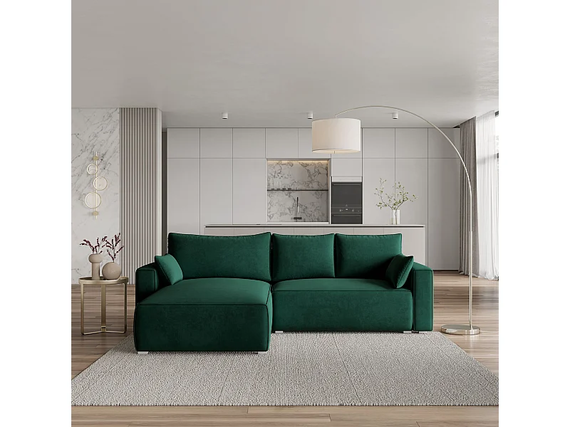 Canapé d'angle FORIL Vert Sapin en velours avec fonction de couchage