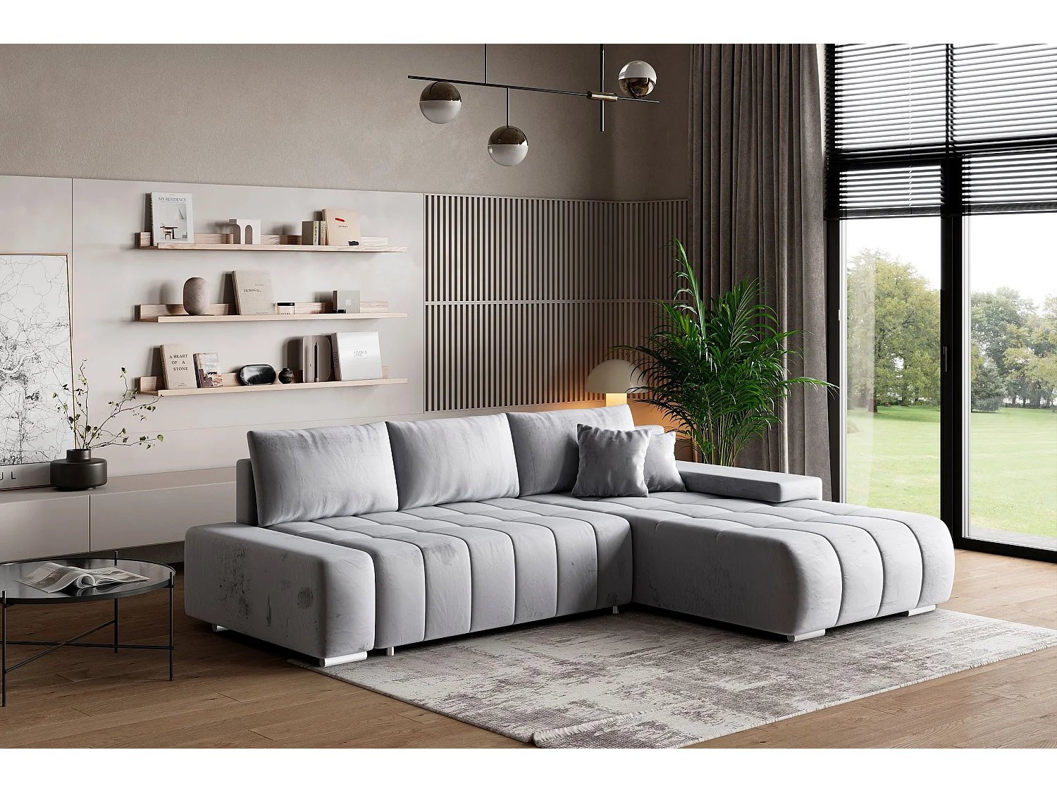 Canapé d'angle ALESE Gris clair en velours avec fonction de couchage