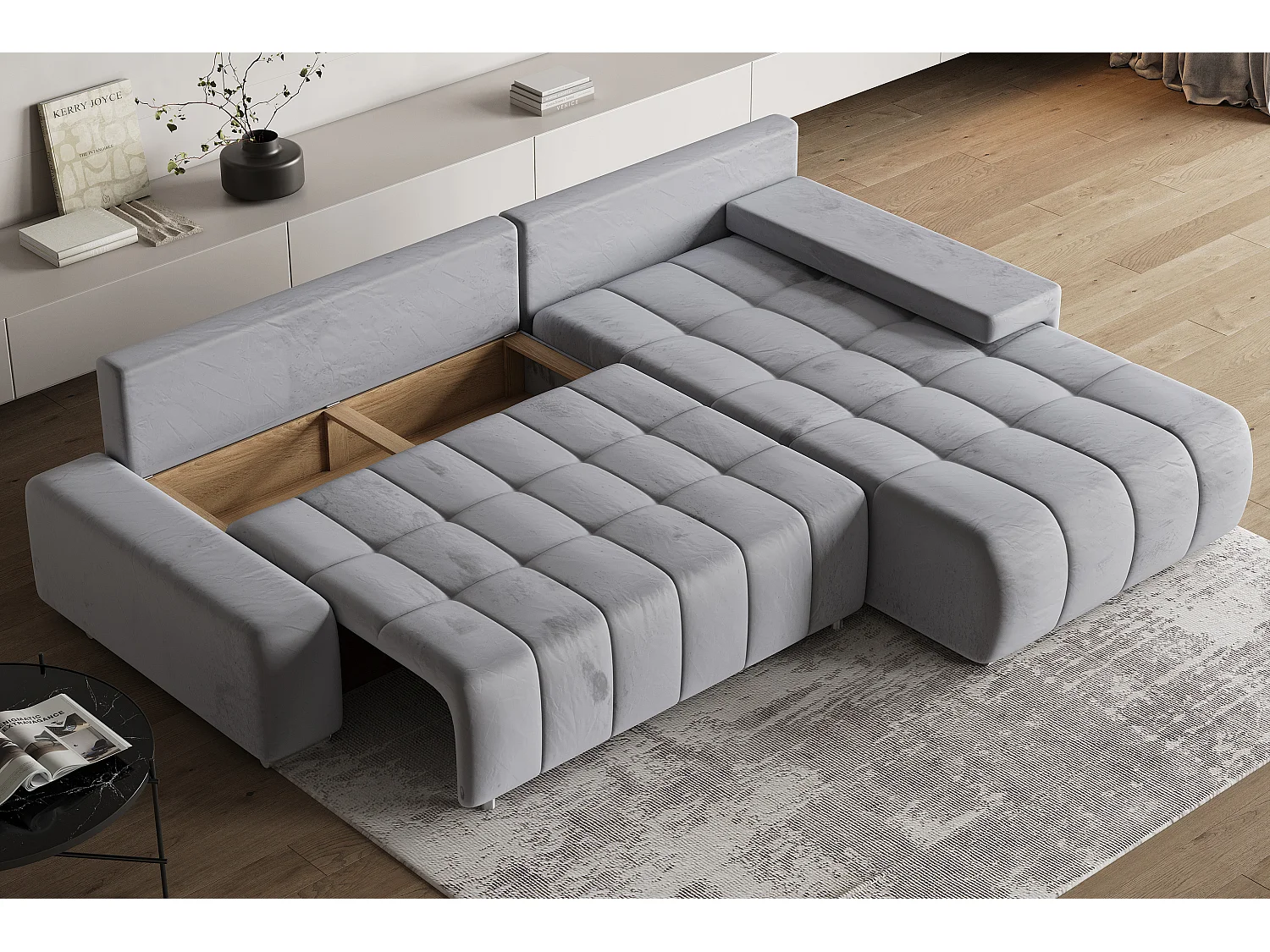 Hoekbank ALESE van fluweel met slaapfunctie Hellgrau