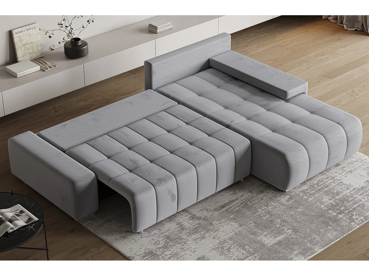 Hoekbank ALESE van fluweel met slaapfunctie Hellgrau
