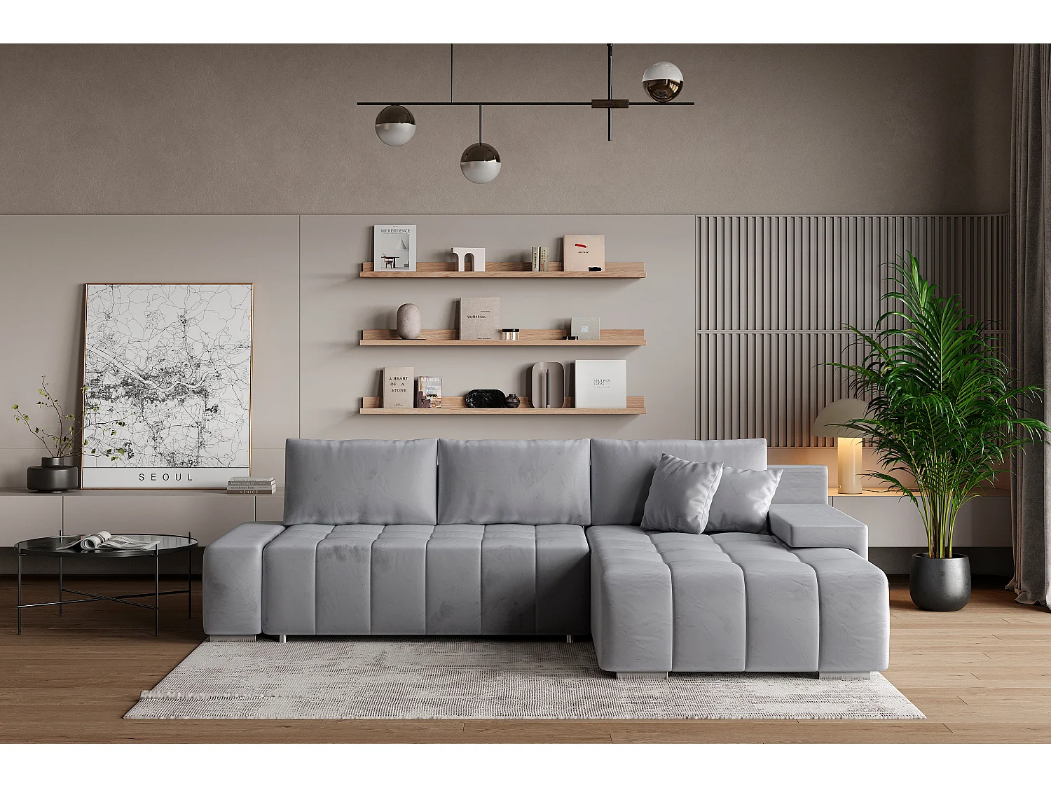 Hoekbank ALESE van fluweel met slaapfunctie Hellgrau