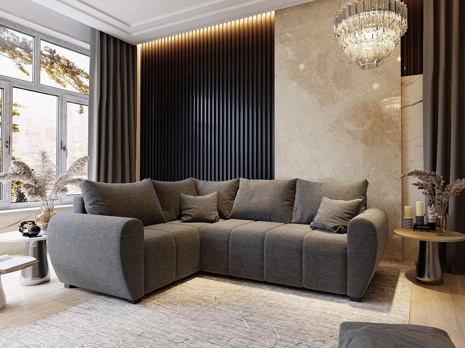 Canapé d'angle MADISON Gris clair en tissu texturé avec fonction de couchage