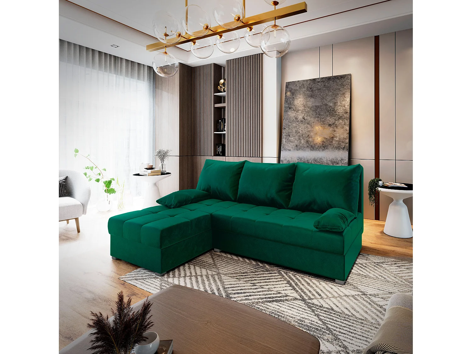 Canapé d'angle RITA Vert Sapin en peluche avec fonction de couchage