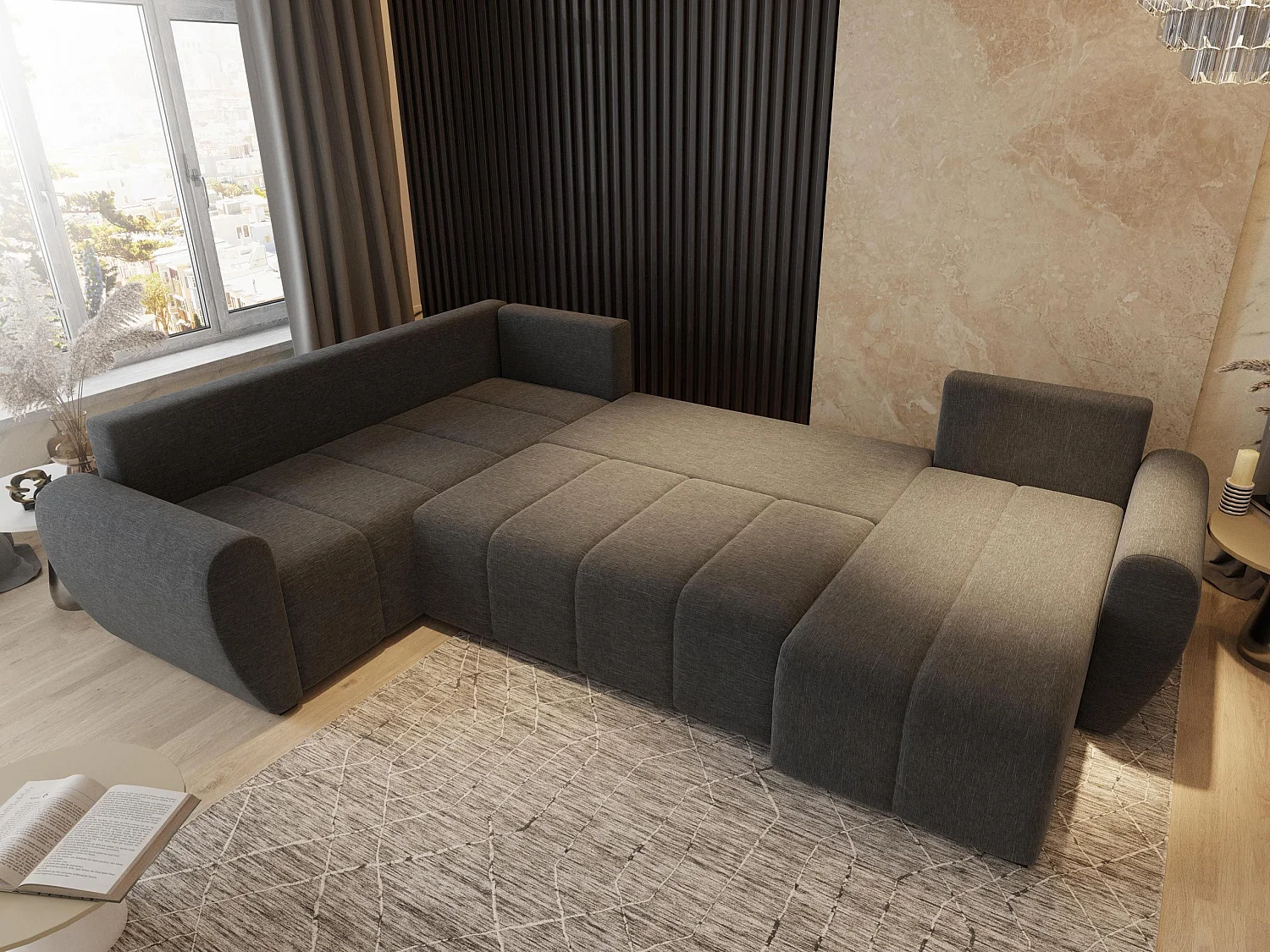 Canapé d'angle MADISON Noir en tissu texturé avec fonction de couchage