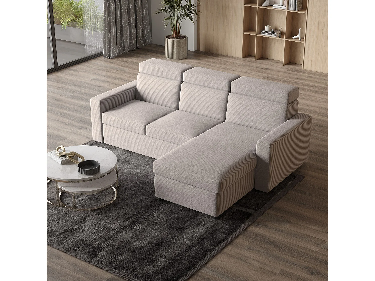 Canapé d'angle PADWA Beige en velours côtelé avec fonction de couchage