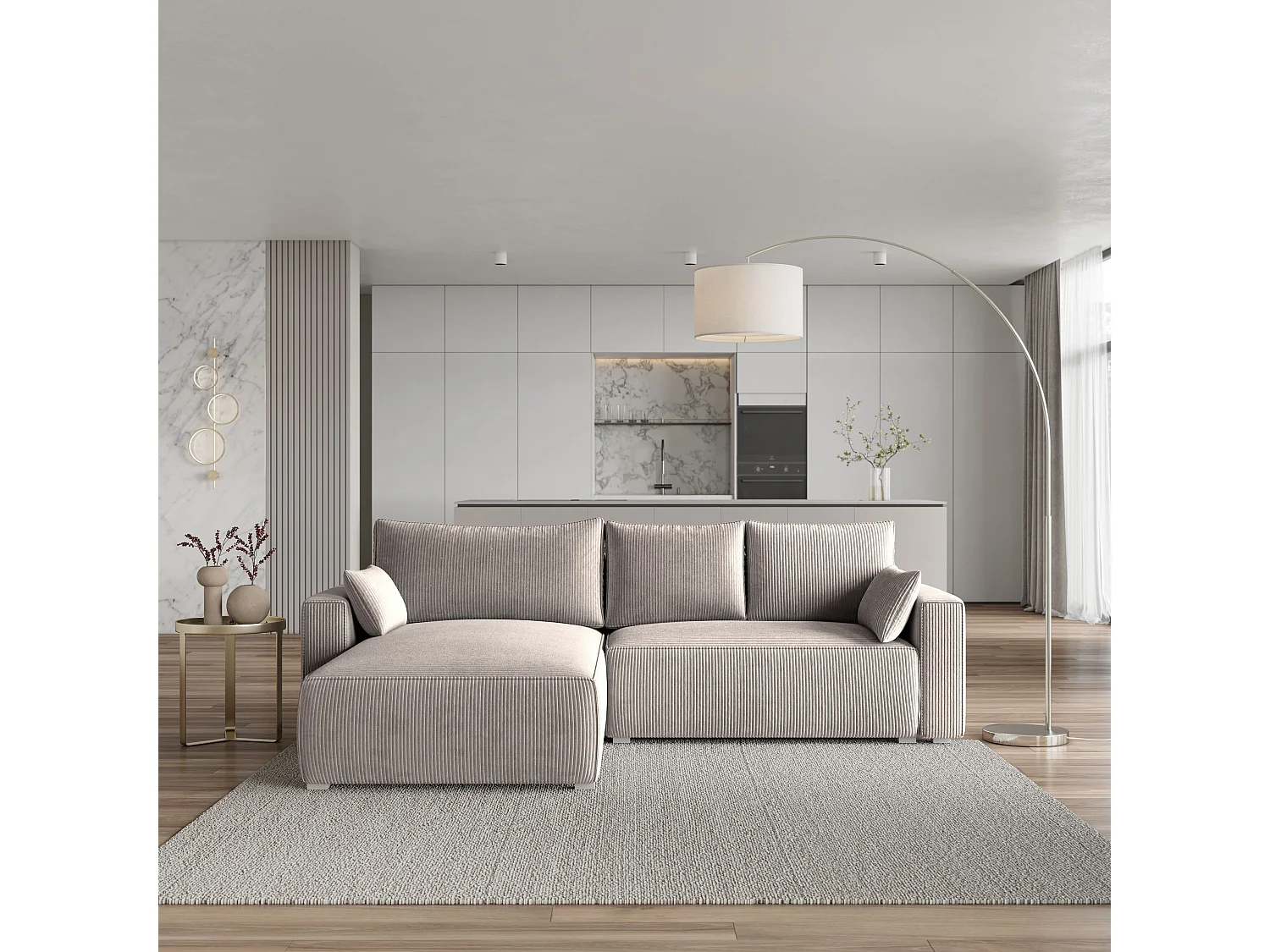 Canapé d'angle FORIL Beige en velours côtelé avec fonction de couchage