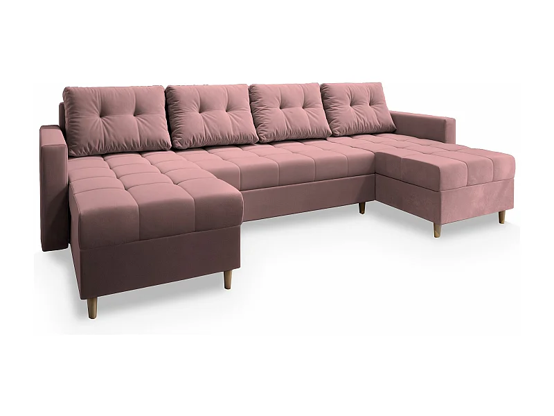 Canapé d'angle MILO Rose poudré en peluche avec fonction de couchage