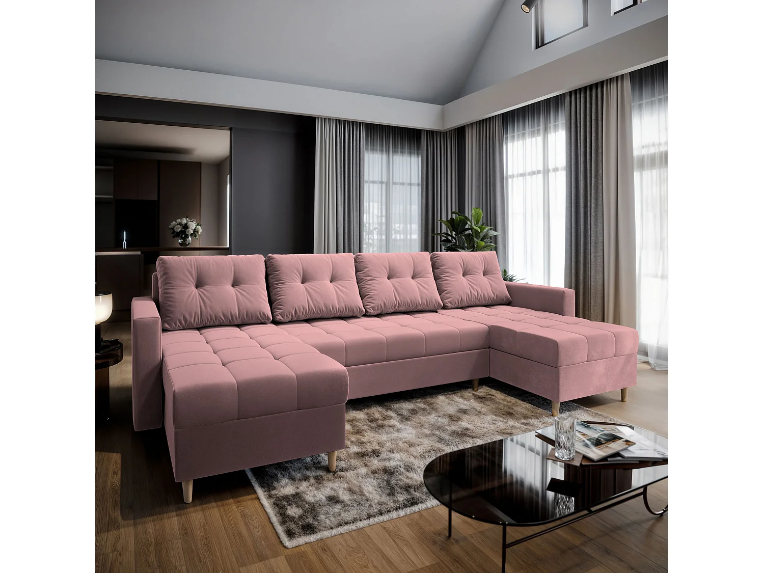 Canapé d'angle MILO Rose poudré en peluche avec fonction de couchage