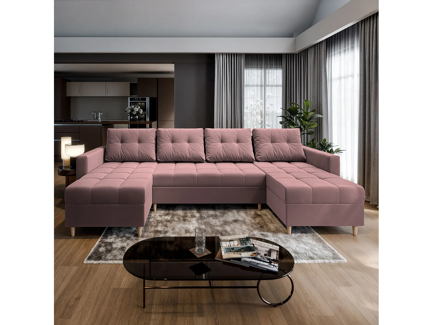 Hoekbank MILO van fluweel met slaapfunctie Rosa