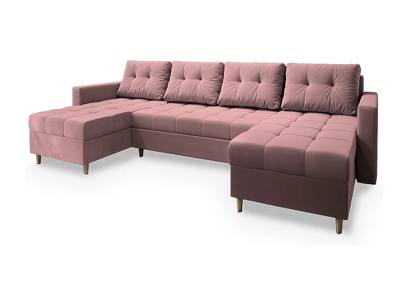 Canapé d'angle MILO Rose poudré en peluche avec fonction de couchage