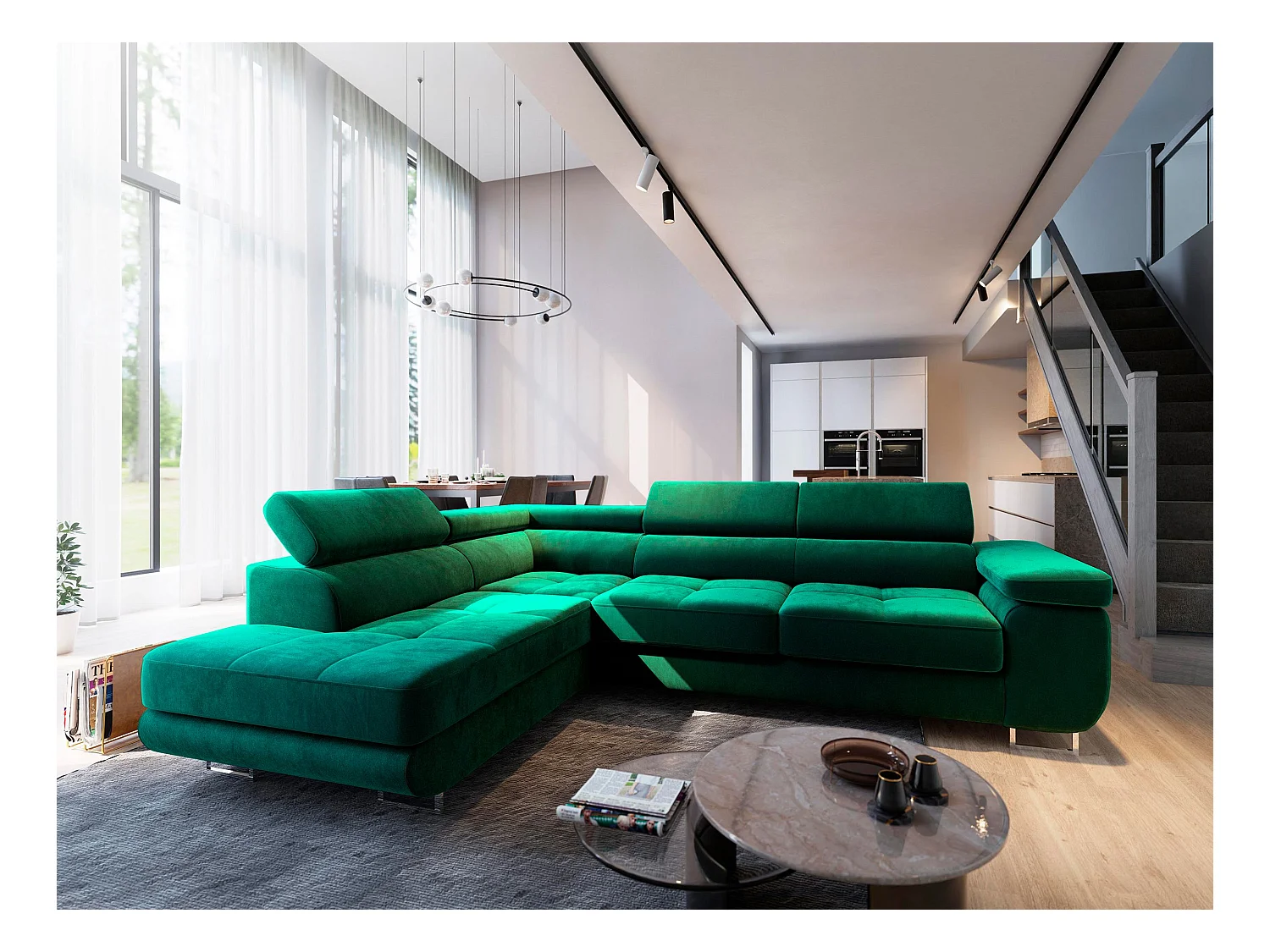 Canapé d'angle SELVA Vert en velours avec fonction de couchage