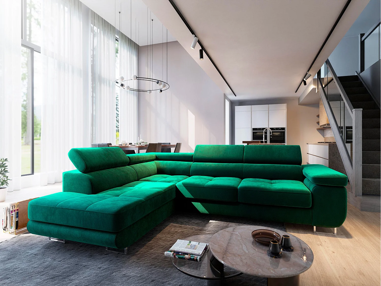 Canapé d'angle SELVA Vert en velours avec fonction de couchage