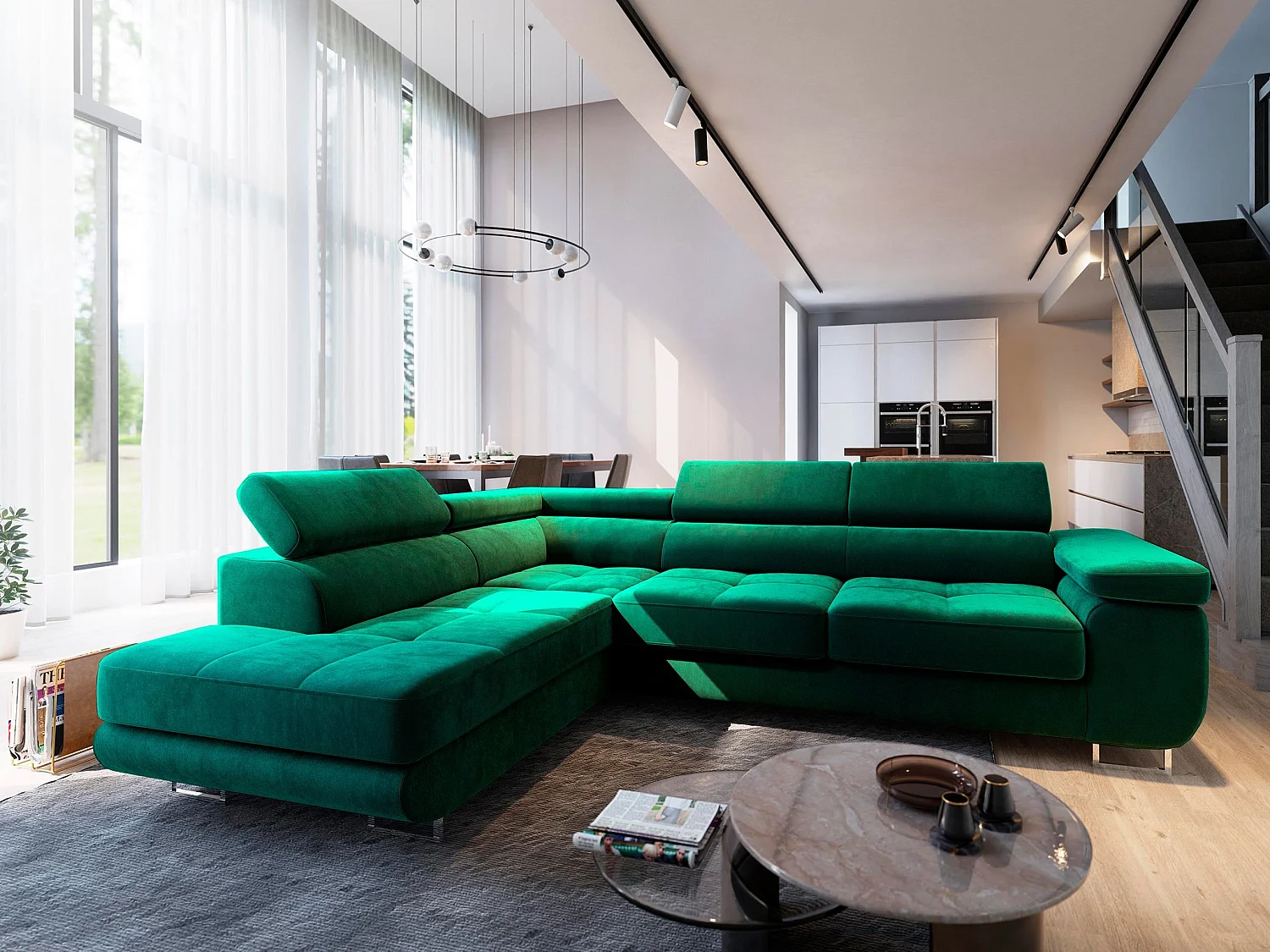 Canapé d'angle SELVA Vert en velours avec fonction de couchage