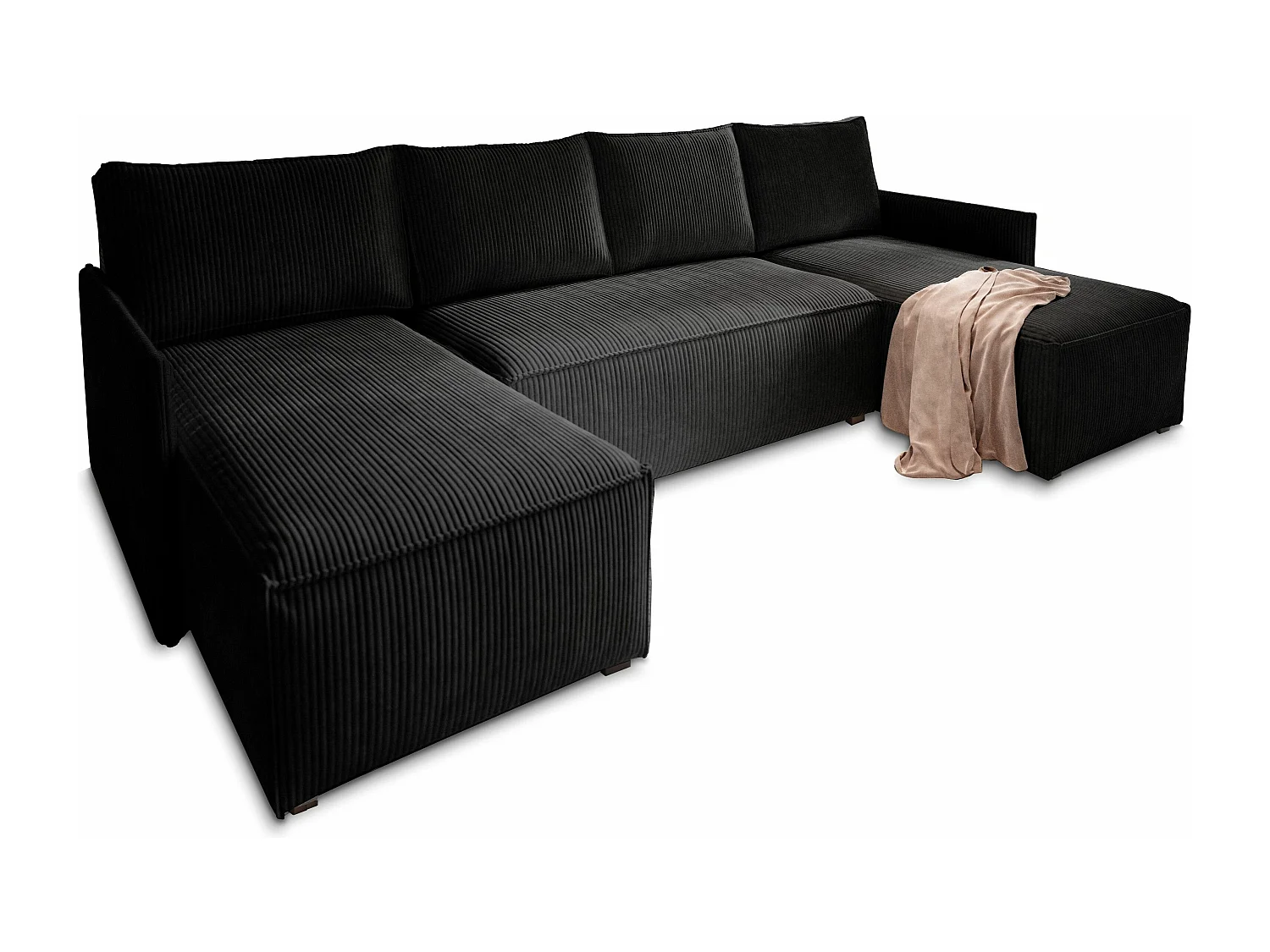 Canapé d'angle TRES Noir en velours côtelé avec fonction de couchage