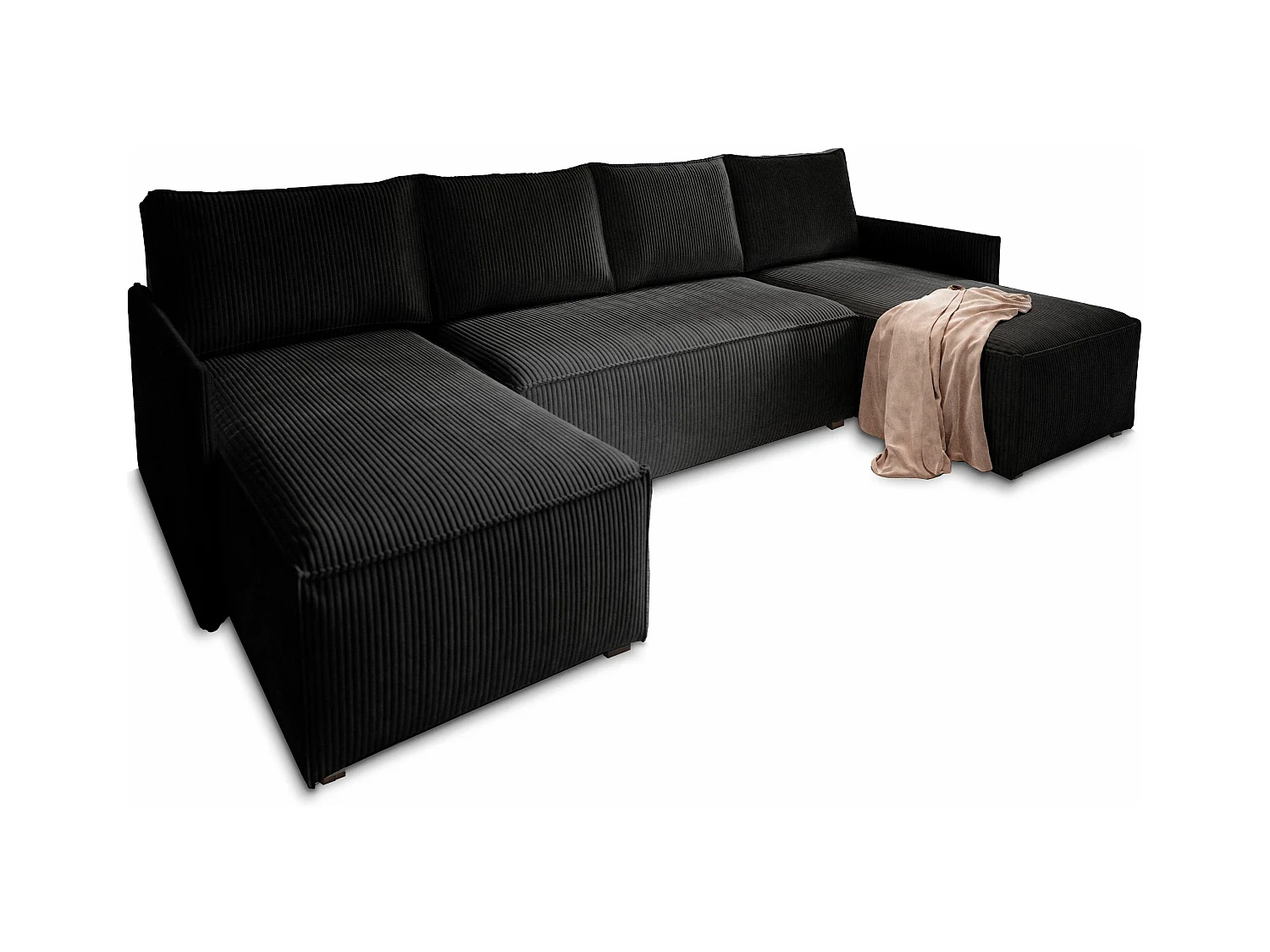 Canapé d'angle TRES Noir en velours côtelé avec fonction de couchage