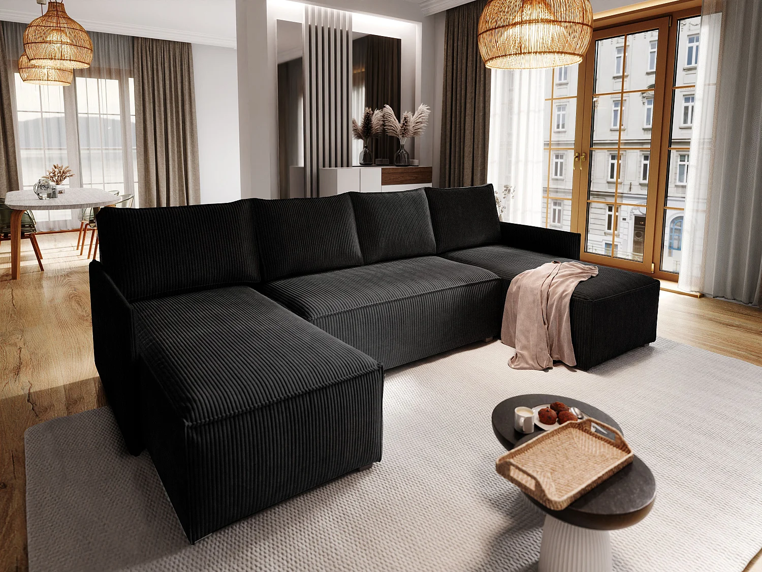 Canapé d'angle TRES Noir en velours côtelé avec fonction de couchage