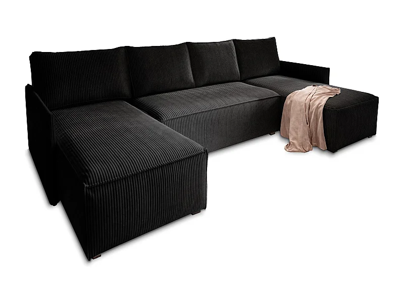 Canapé d'angle TRES Noir en velours côtelé avec fonction de couchage