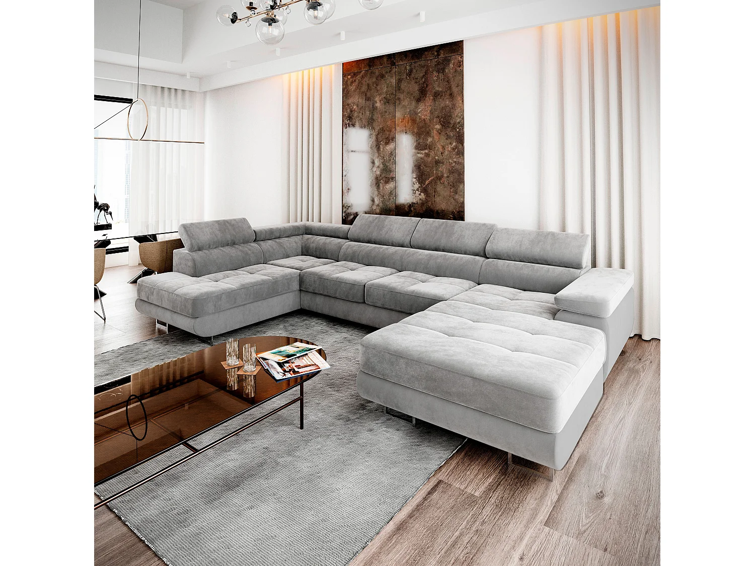 Canapé d'angle CASONE Gris clair en velours avec fonction de couchage