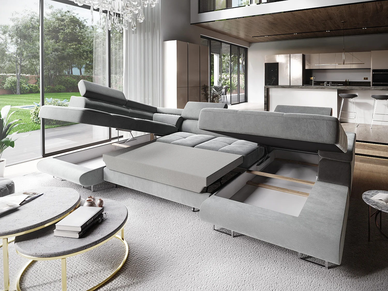 Canapé d'angle CASONE Gris clair en velours avec fonction de couchage