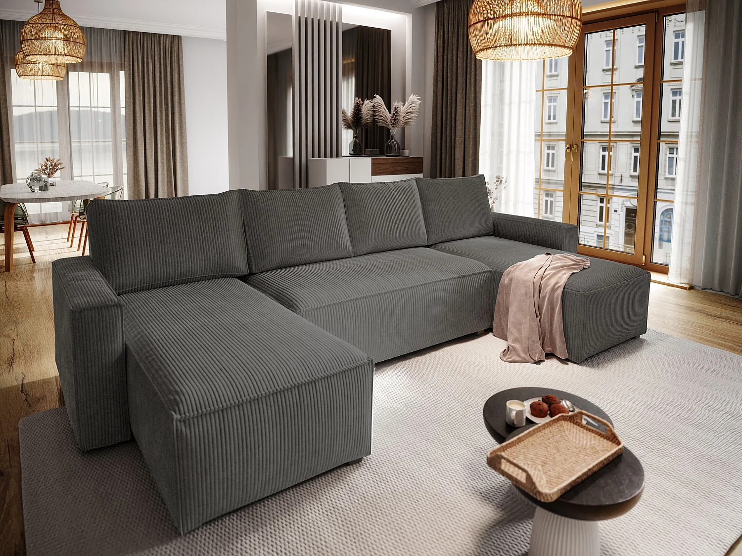 Canapé d'angle ASPRA Gris anthracite en velours côtelé avec fonction de couchage