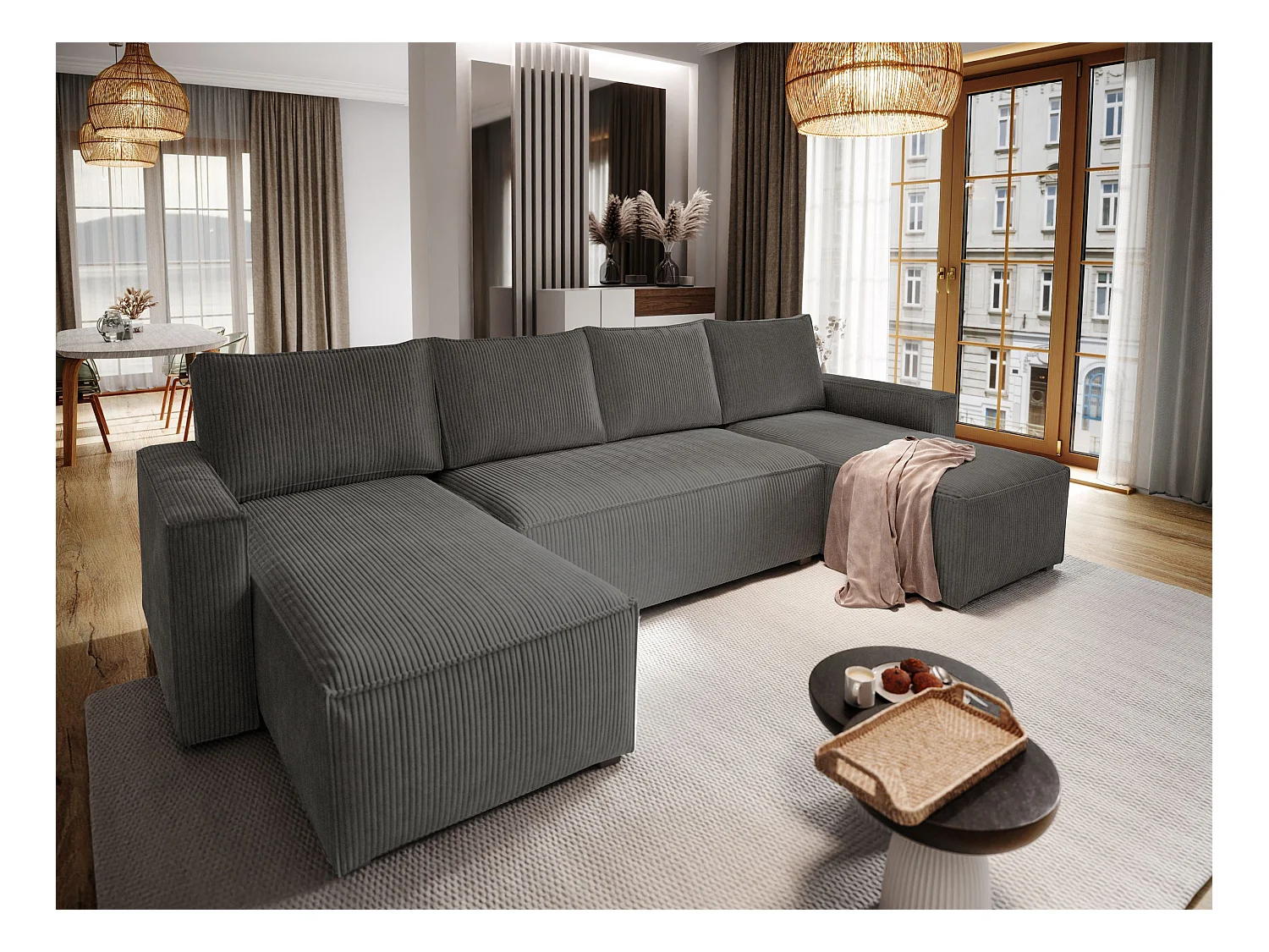Canapé d'angle ASPRA Gris anthracite en velours côtelé avec fonction de couchage