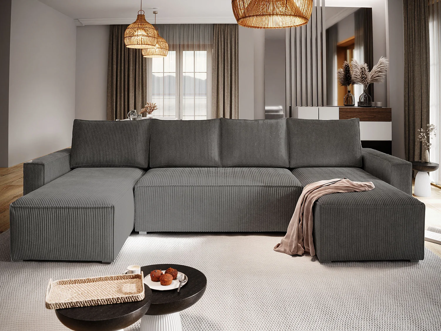 Canapé d'angle ASPRA Gris anthracite en velours côtelé avec fonction de couchage