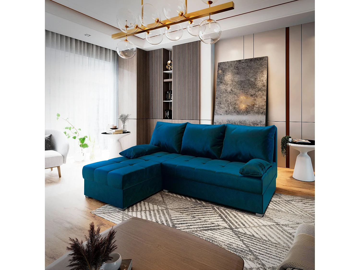 Canapé d'angle RITA Bleu en peluche avec fonction de couchage
