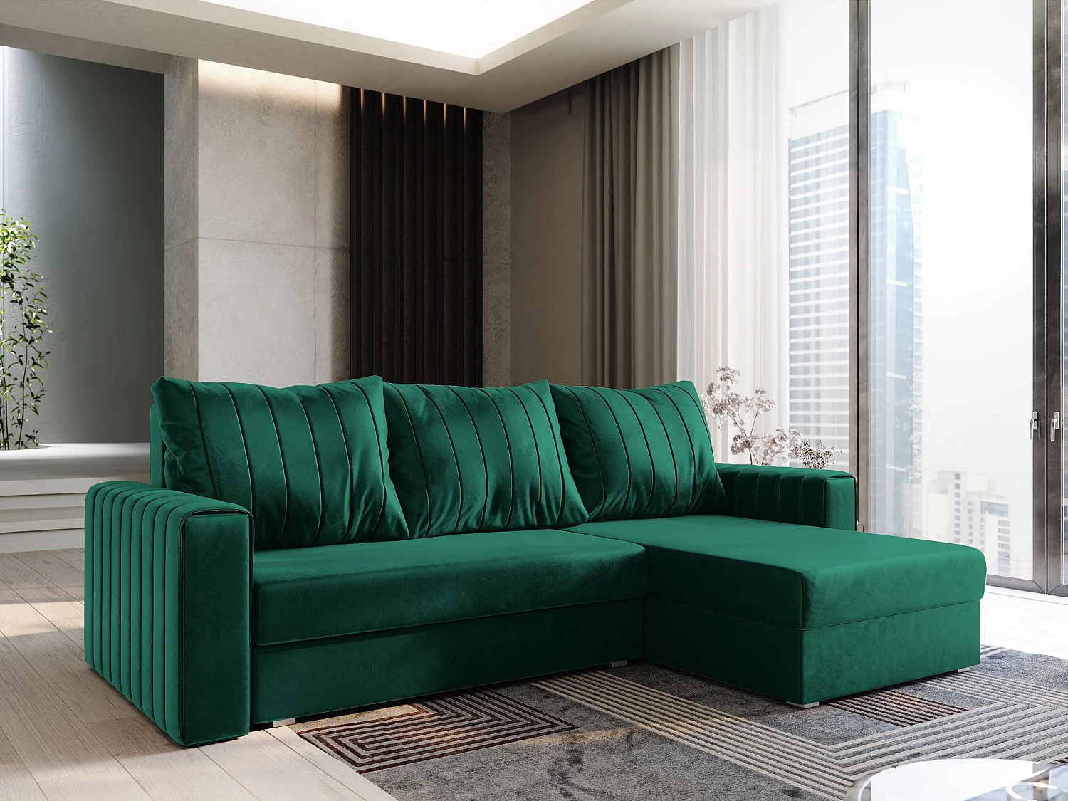 Canapé d'angle CARL Vert Sapin en peluche avec fonction de couchage