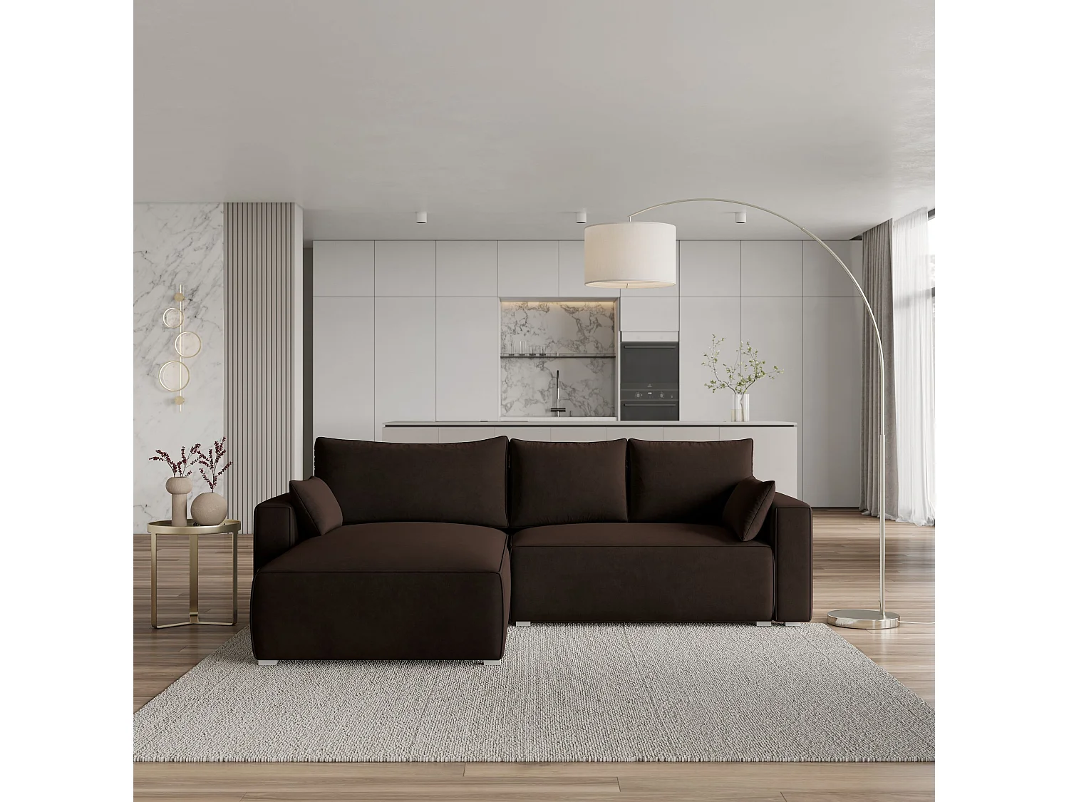 Canapé d'angle FORIL Marron en velours avec fonction de couchage