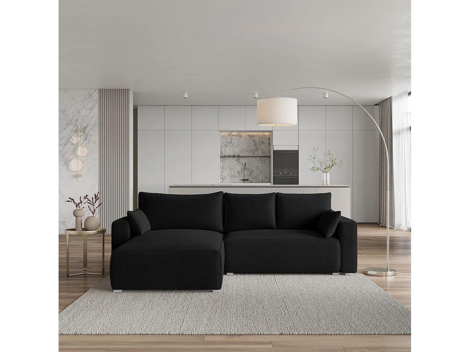 Canapé d'angle FORIL Noir en velours côtelé avec fonction de couchage