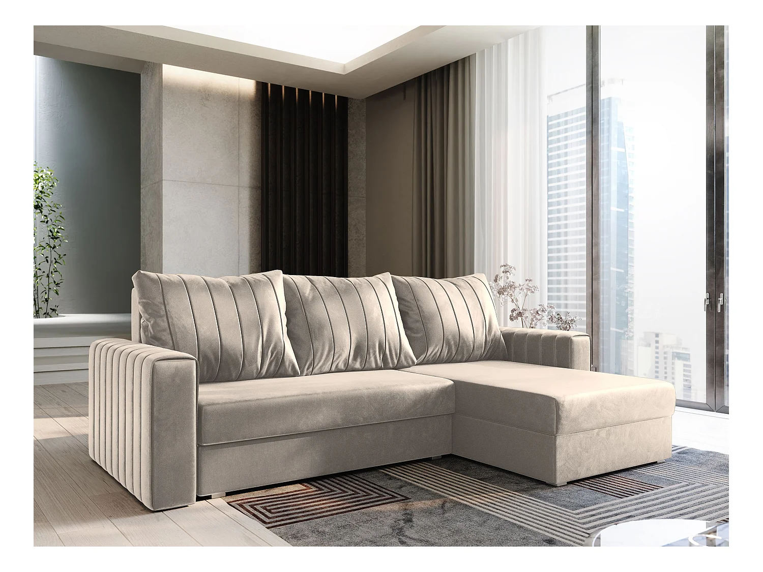 Canapé d'angle CARL Beige en peluche avec fonction de couchage