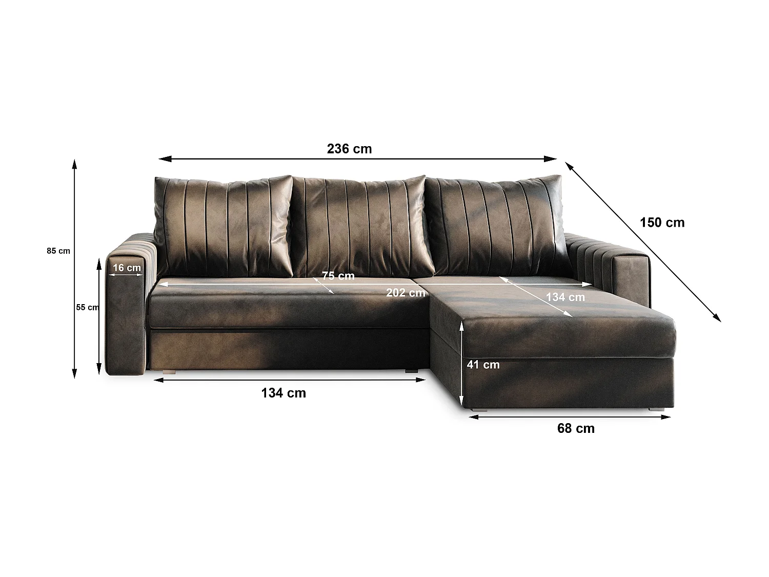 Canapé d'angle CARL Beige en peluche avec fonction de couchage