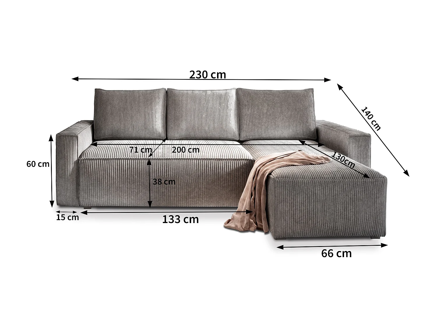 Canapé d'angle POTARO Beige en velours côtelé avec fonction de couchage